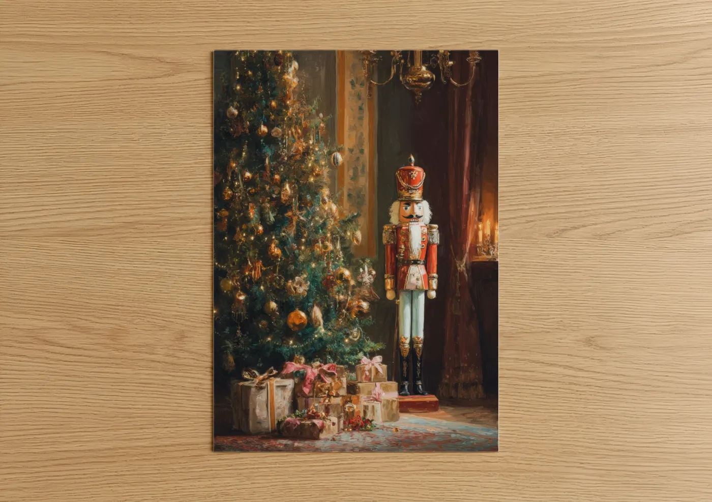 Art print on warm oak wood — gold and red palette — Golden Christmas Nutcracker poster