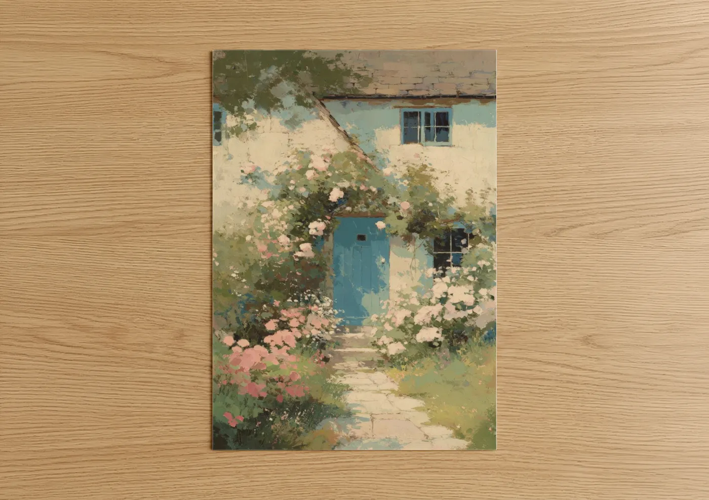 Charming Cottage with Pink Climbing Flowers Wall Art