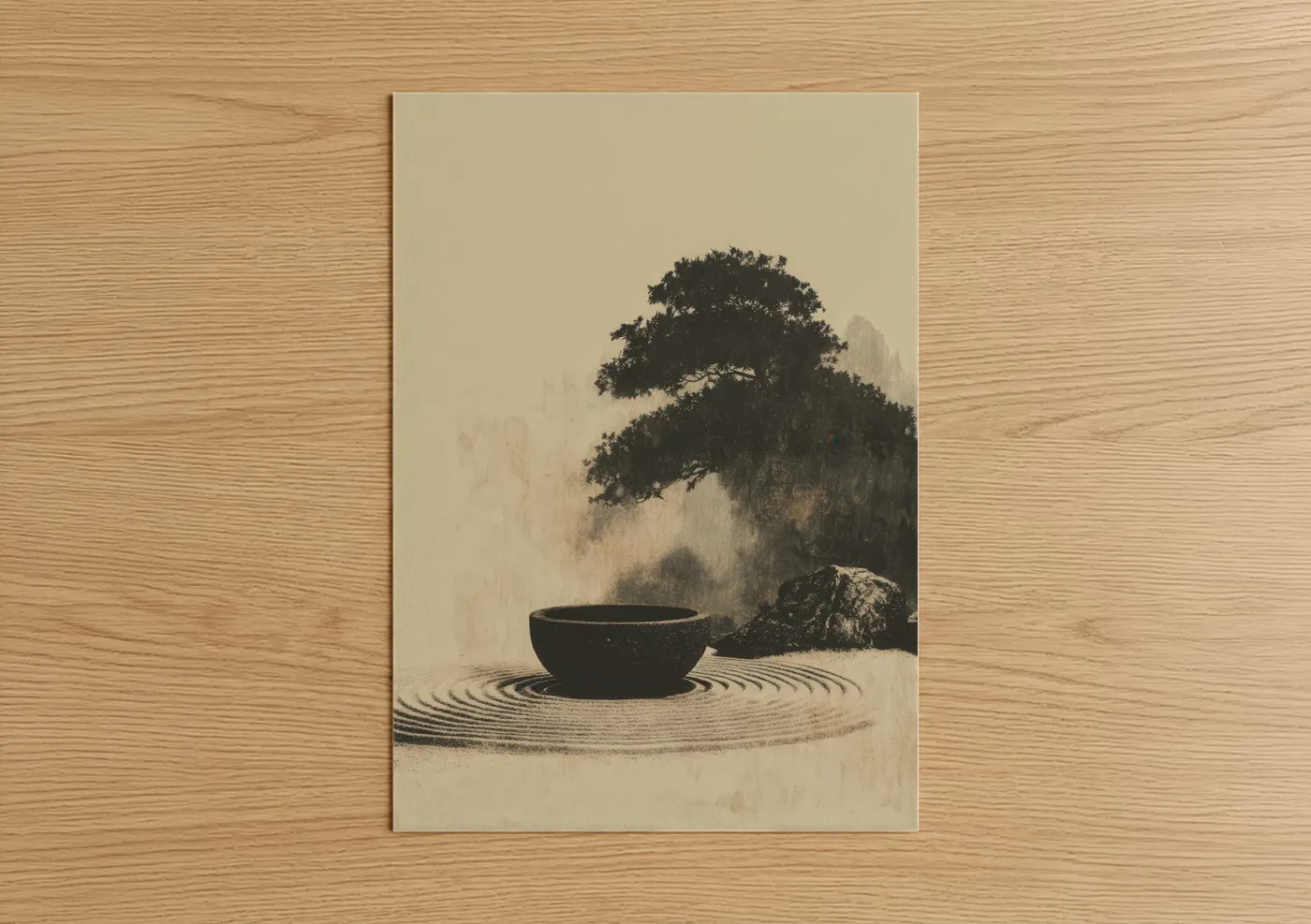 Art print on warm oak wood — beige and black palette — Zen Tea Ceremony poster