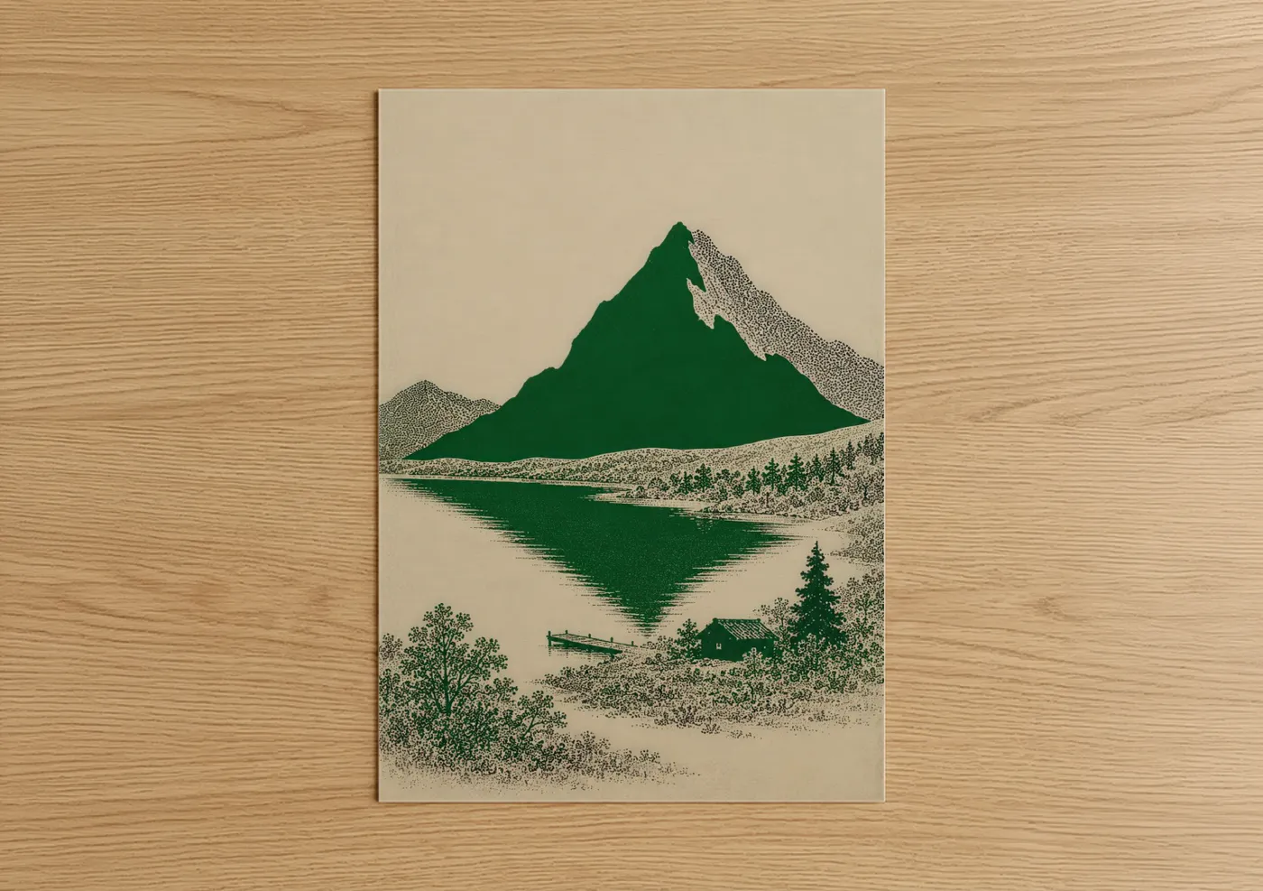 Mountain art print on warm oak wood — true green and beige palette — Alpine Lake Reflection Wall Art poster
