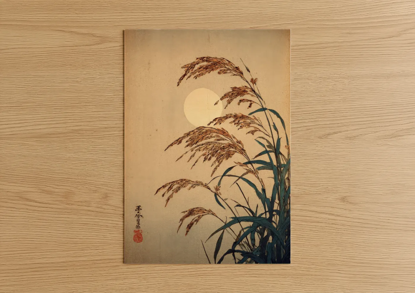Japanese grain art with moon and nature Wall Art