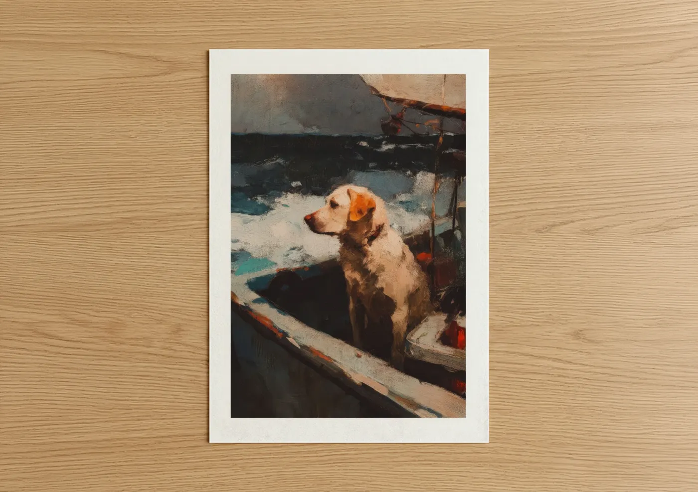 Art print on warm oak wood — gold and dark blue palette — Nautical Retriever poster
