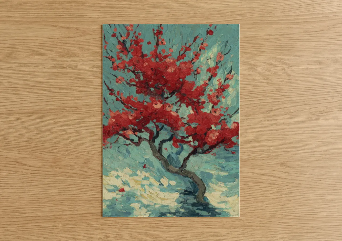 Crimson Bonsai Tree Red Flowers Painting Wall Art
