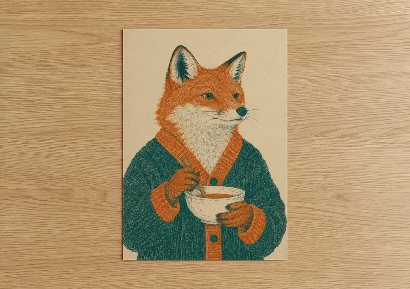 Art print on warm oak wood — orange and teal palette — Fox With Coffee Cup Wall Art poster