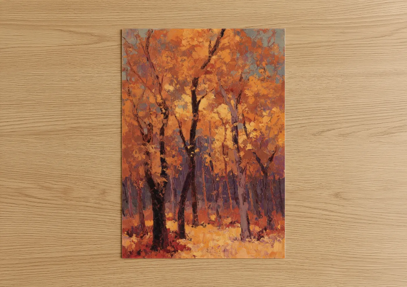 Banyan tree art print on warm oak wood — gold and orange palette — Golden Banyan poster