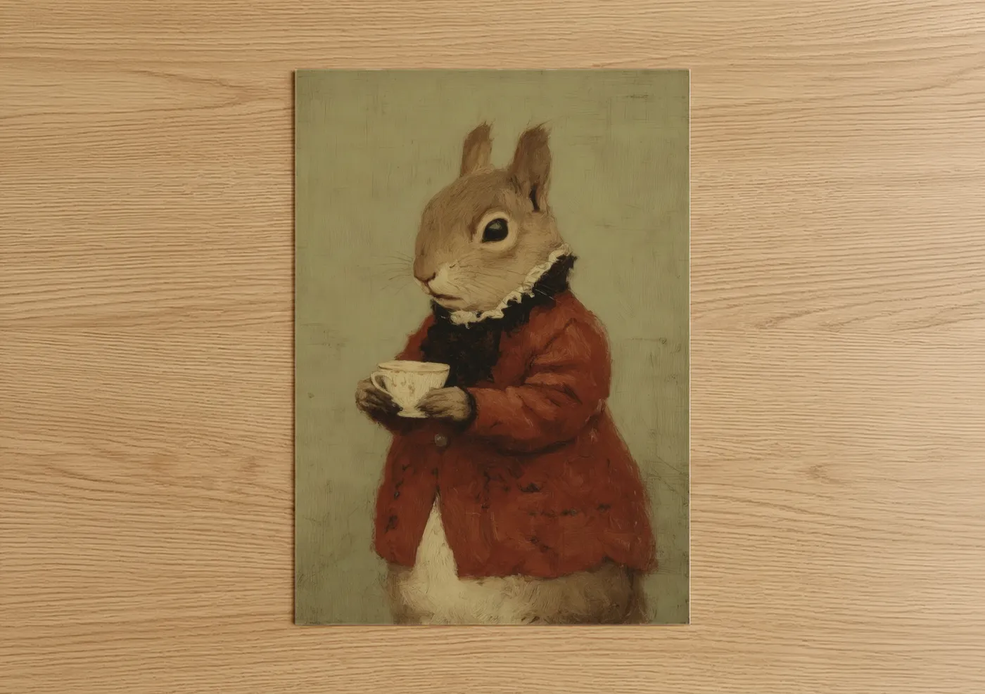 Art print on warm oak wood — russet and cream palette — Vintage Tea Squirrel poster