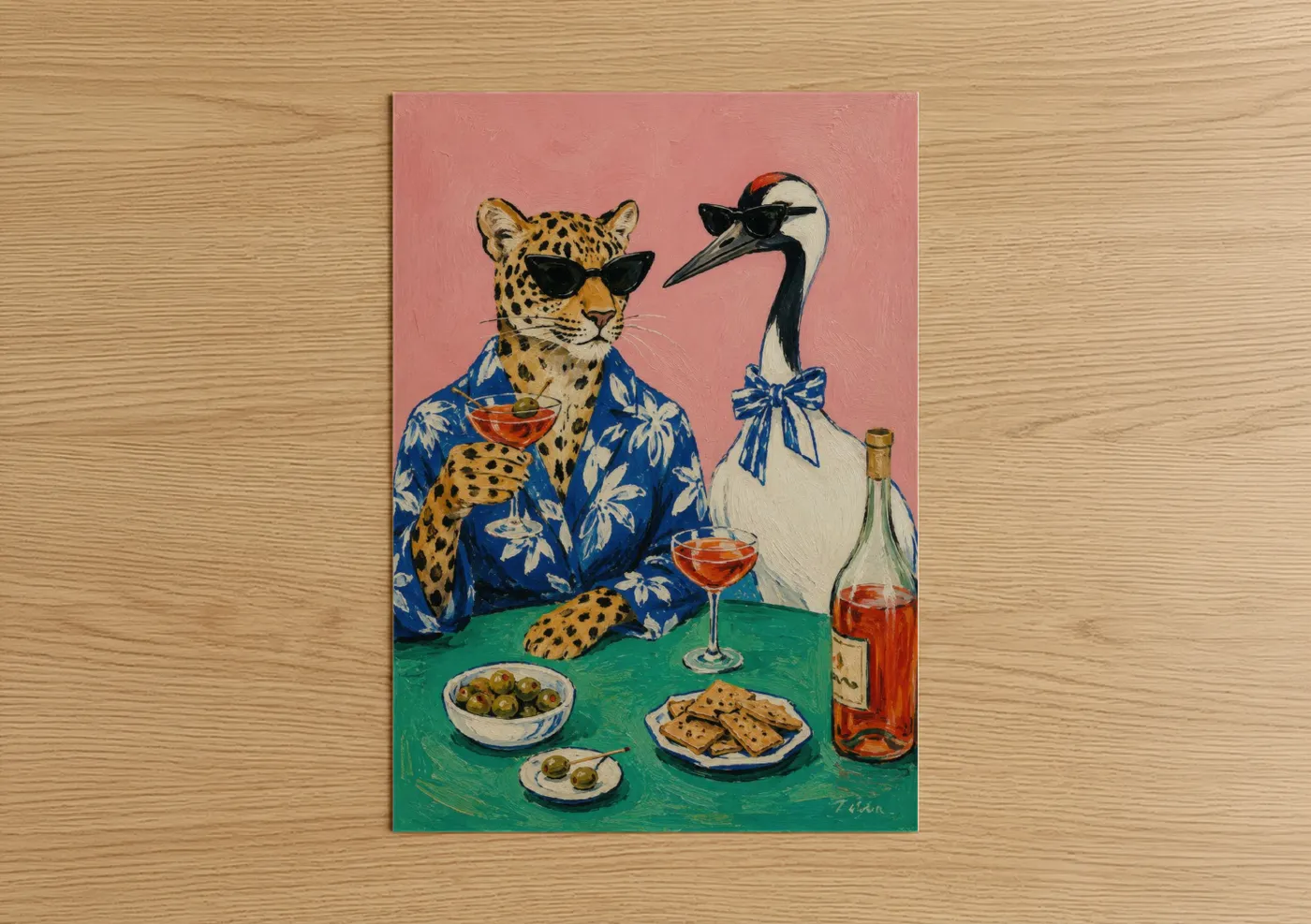 Art print on warm oak wood — pink and blue palette — Leopard and Crane Cocktail Wall Art poster
