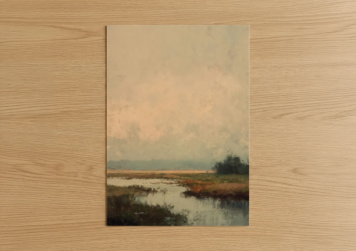 Morning sky art print on warm oak wood — beige and gray palette — Misty Morning Wetlands poster