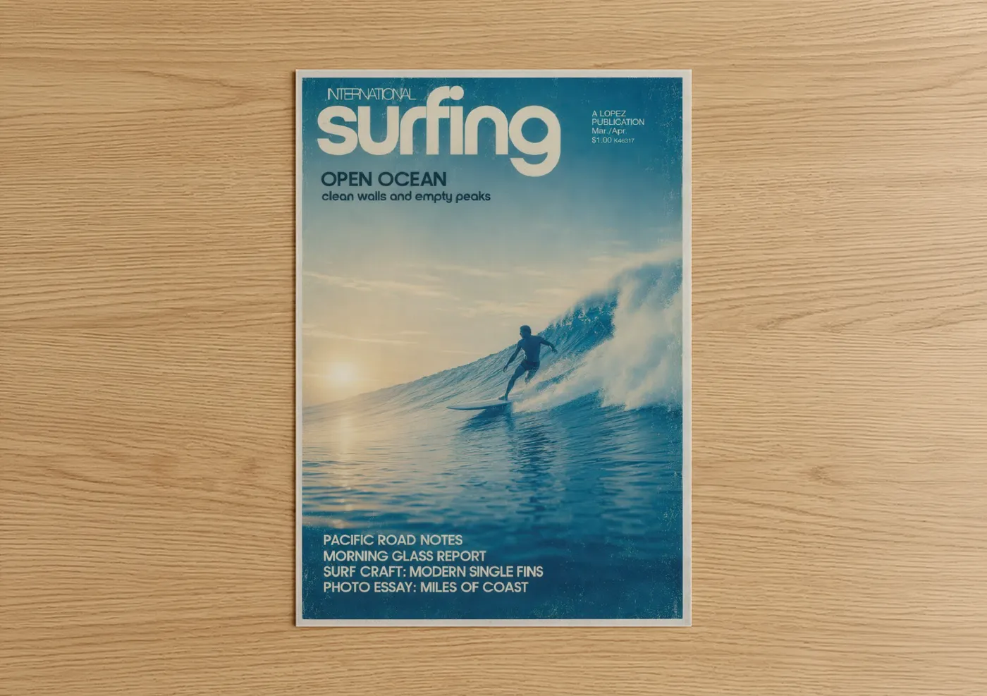 Water surfing art print on warm oak wood — blue and cream palette — Vintage Surfing Magazine Ocean Wave Wall Art poster