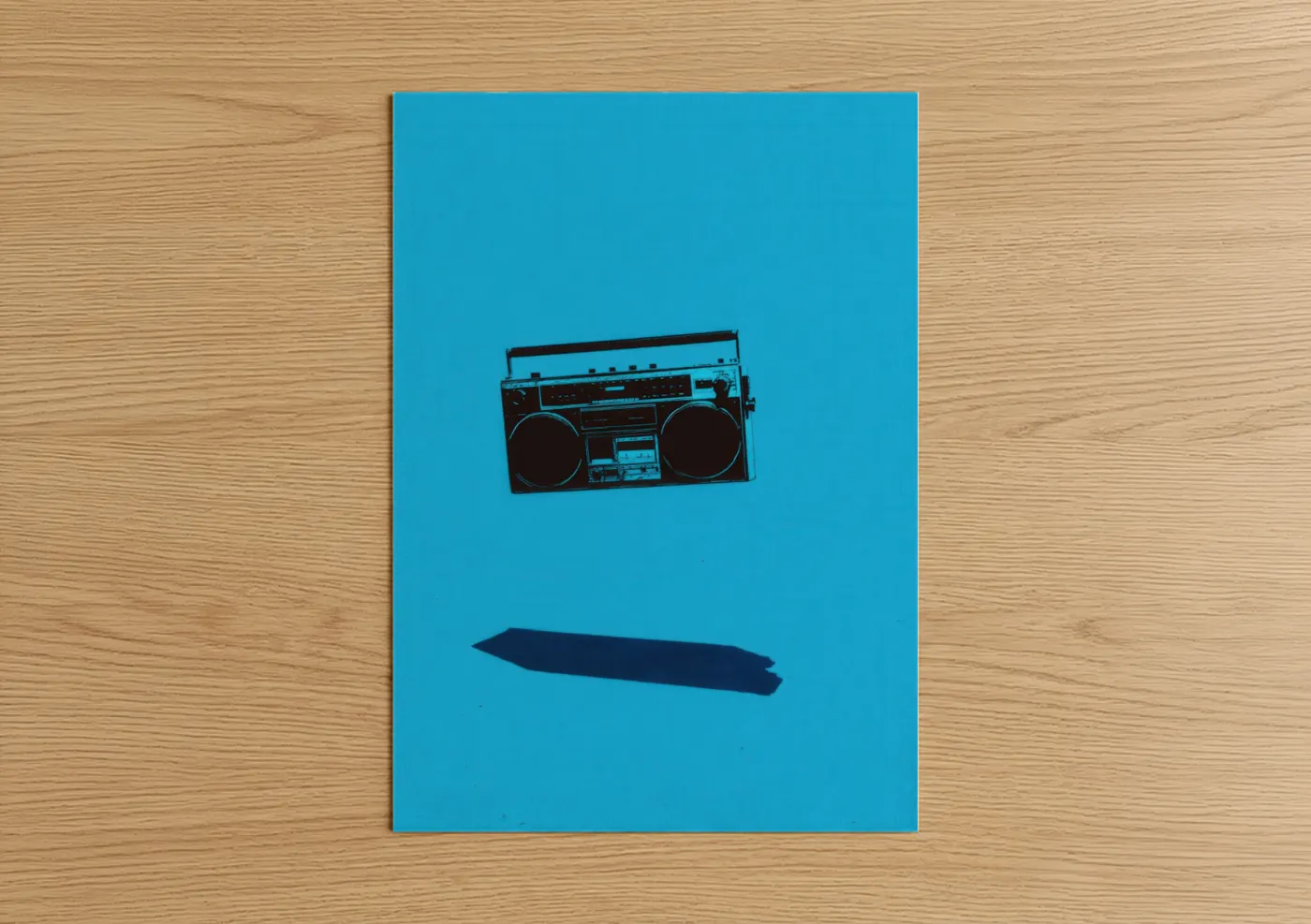 Art print on warm oak wood — blue and black palette — Retro Boombox poster