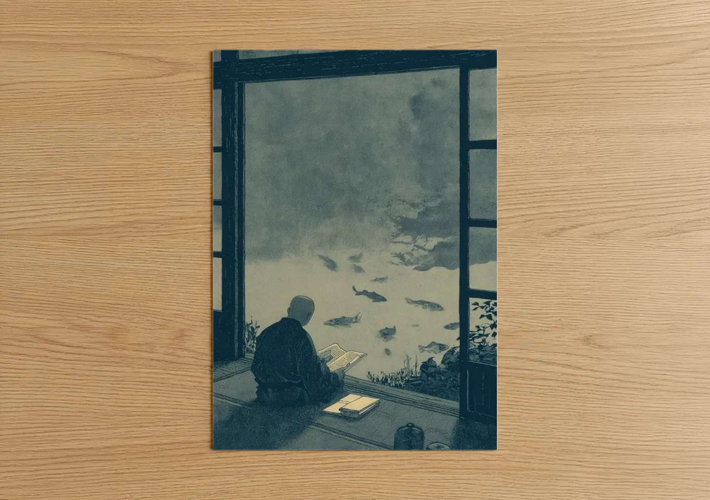 Reading art print on warm oak wood — blue and gray and gray palette — Contemplative Reader poster