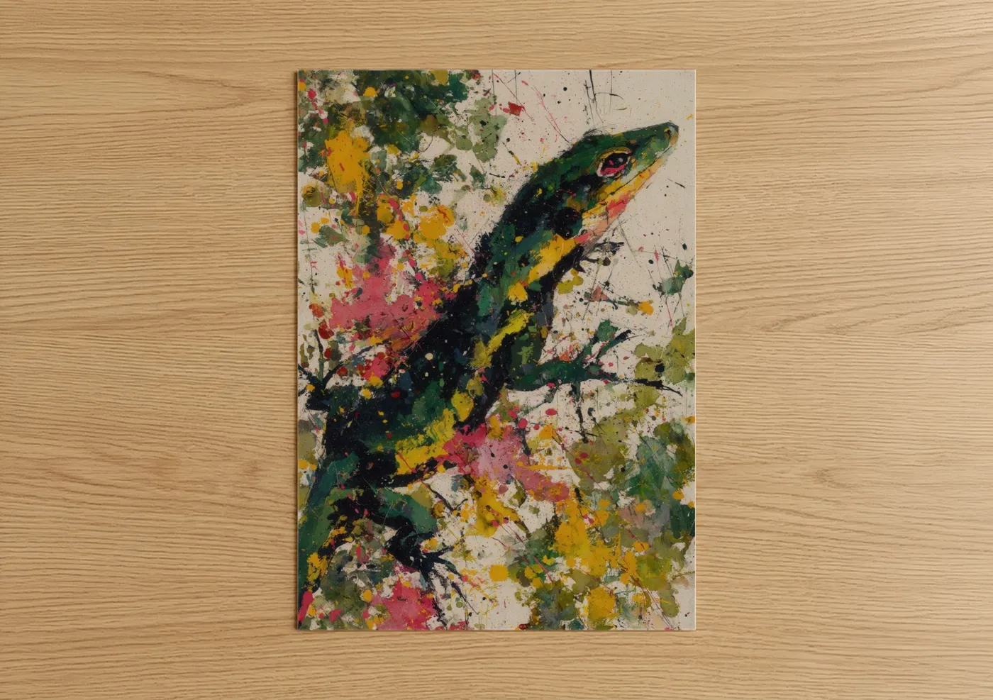 Art print on warm oak wood — green and yellow palette — Colorful Lizard poster