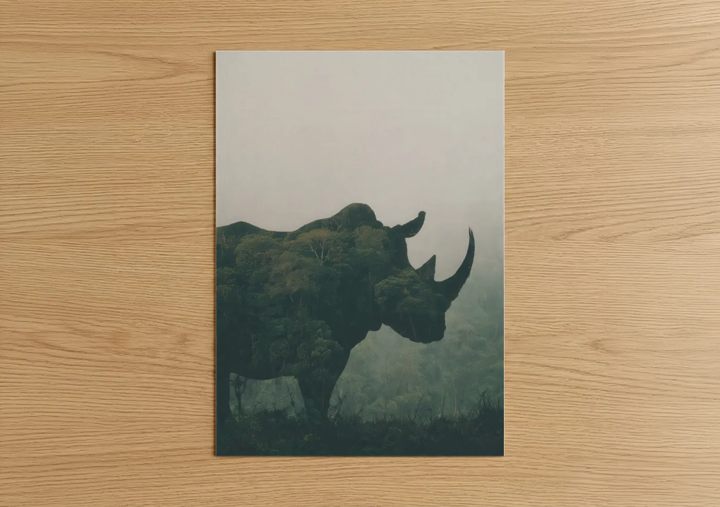 Art print on warm oak wood — dark green and gray palette — Misty Rhino Forest poster