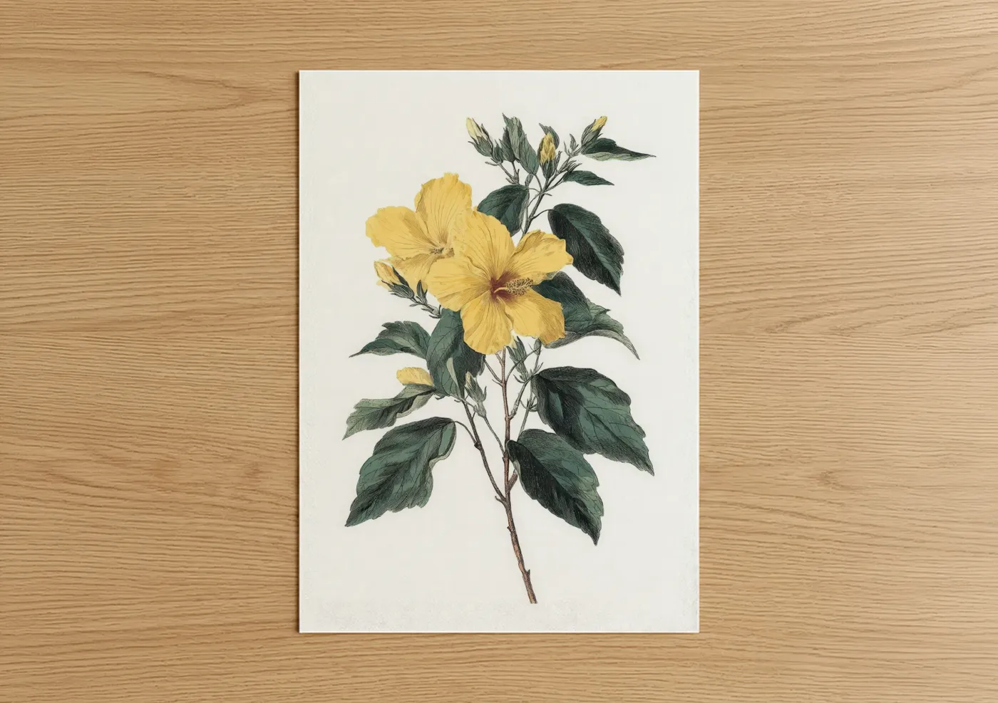 Art print on warm oak wood — yellow gold and dark green palette — Golden Hibiscus poster