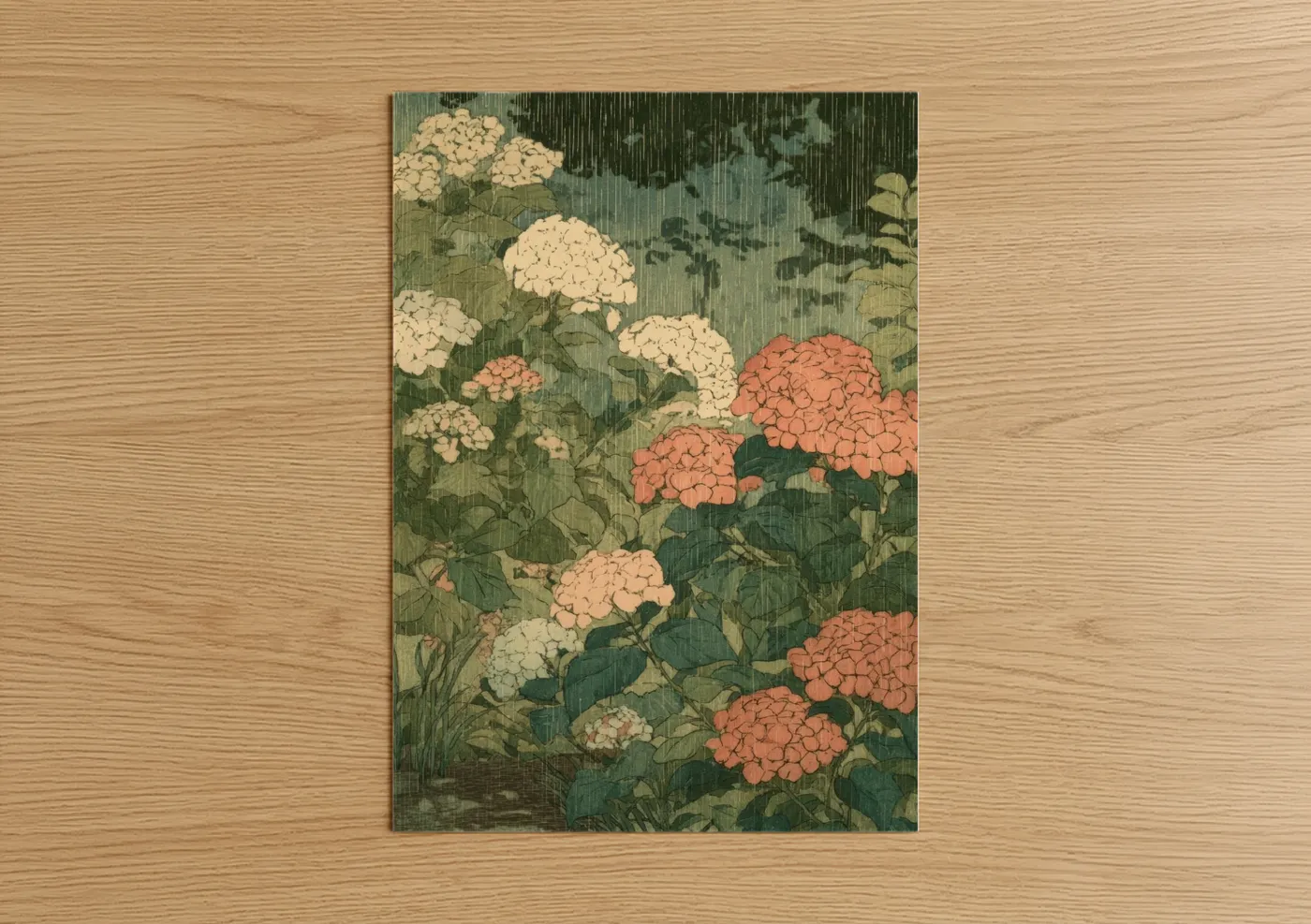 Coral Hydrangea Garden Japanese Woodblock Wall Art
