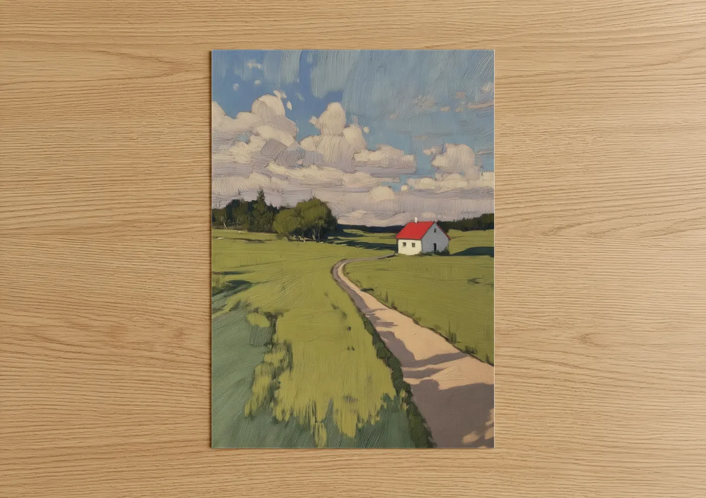 Various landscapes art print on warm oak wood — light green and blue palette — Red Roof Cottage poster
