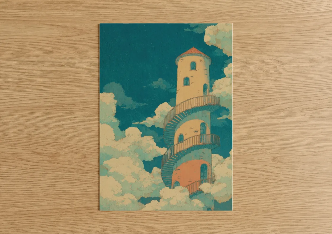 Towers art print on warm oak wood — teal and cream palette — Cloud Tower poster