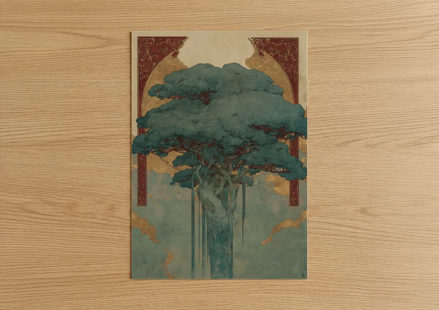 Banyan tree art print on warm oak wood — true green and cream palette — Majestic Banyan poster