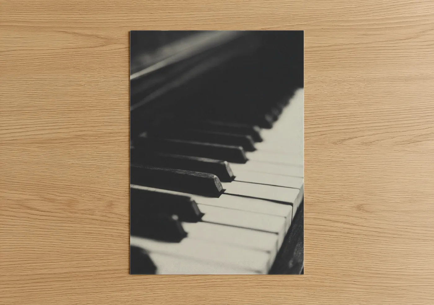 Piano art print on warm oak wood — black and white palette — Ivory Keys Close-up poster