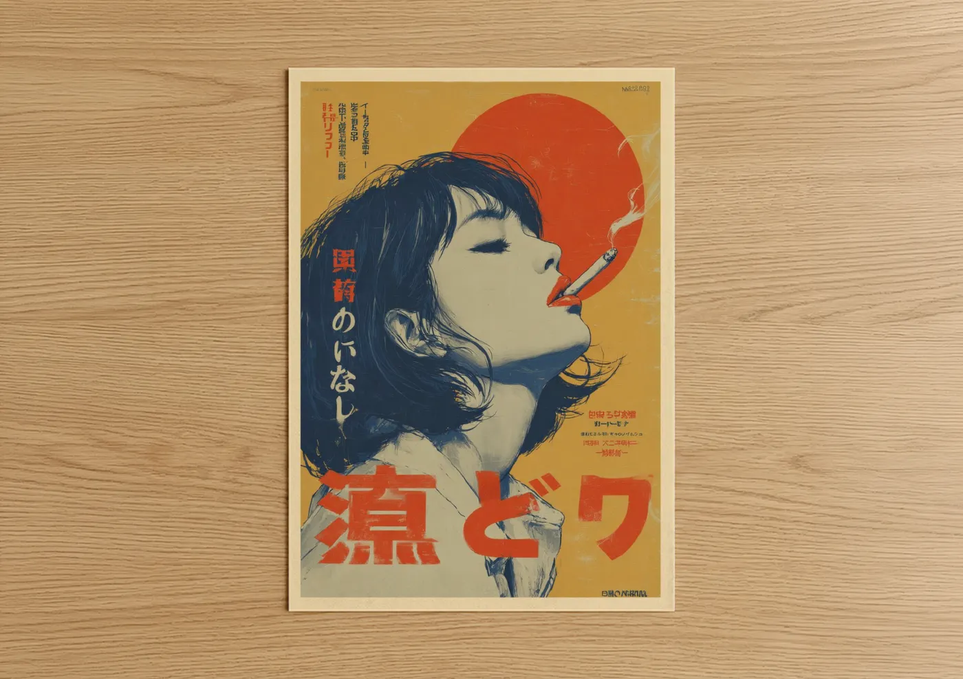 Vintage japanese ads art print on warm oak wood — gold and red palette — Smoking Woman Retro poster