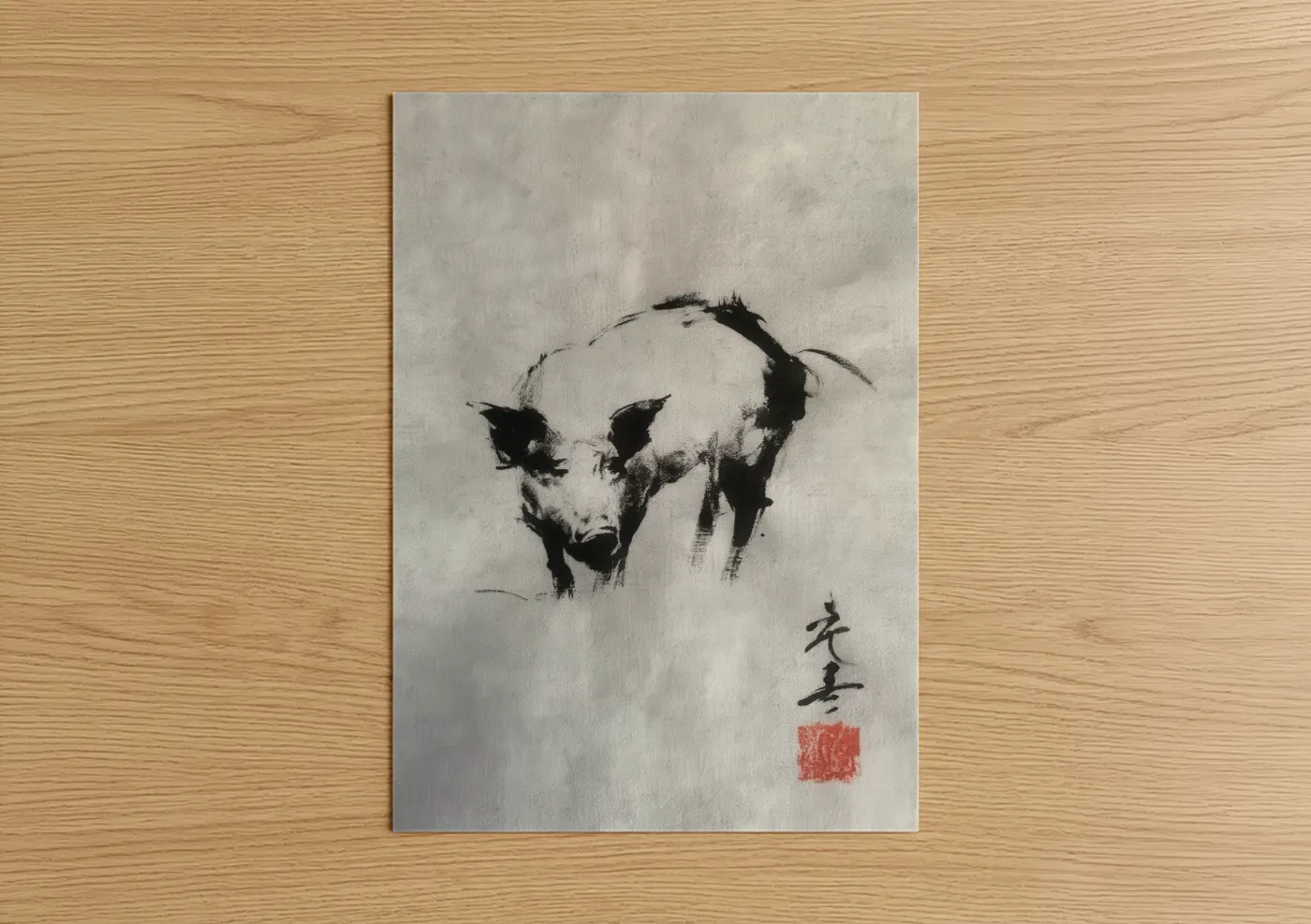 Minimalist Pig Ink Wash Artwork Wall Art