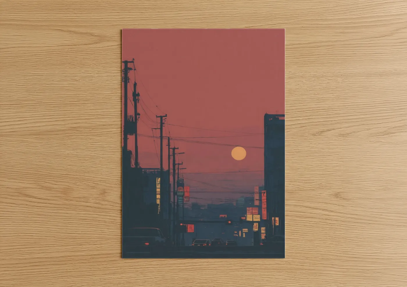 Art print on warm oak wood — salmon pink and dark blue palette — Urban Sunset poster