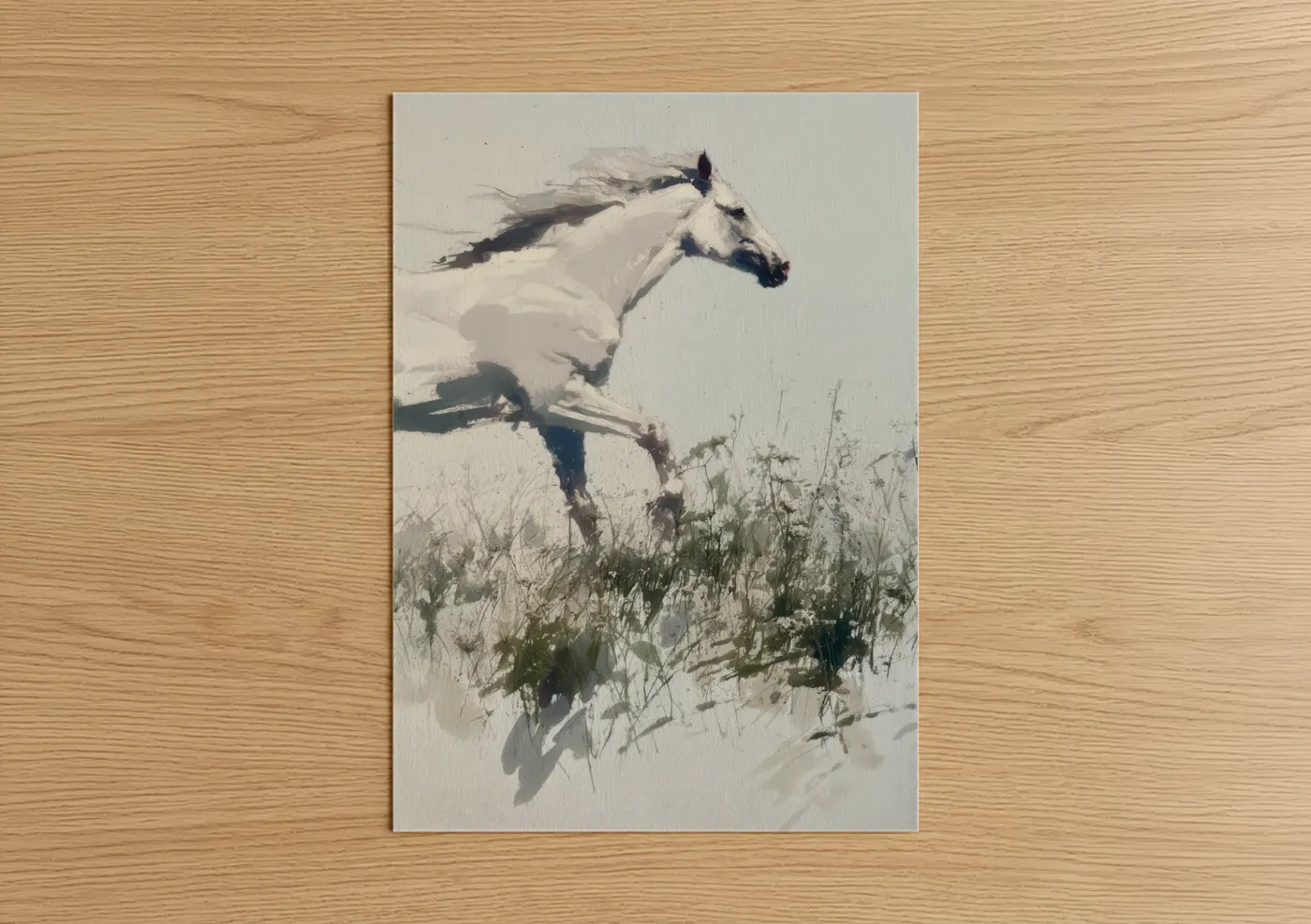Thoroughbred horse art print on warm oak wood — white and sage green palette — Galloping Freedom poster