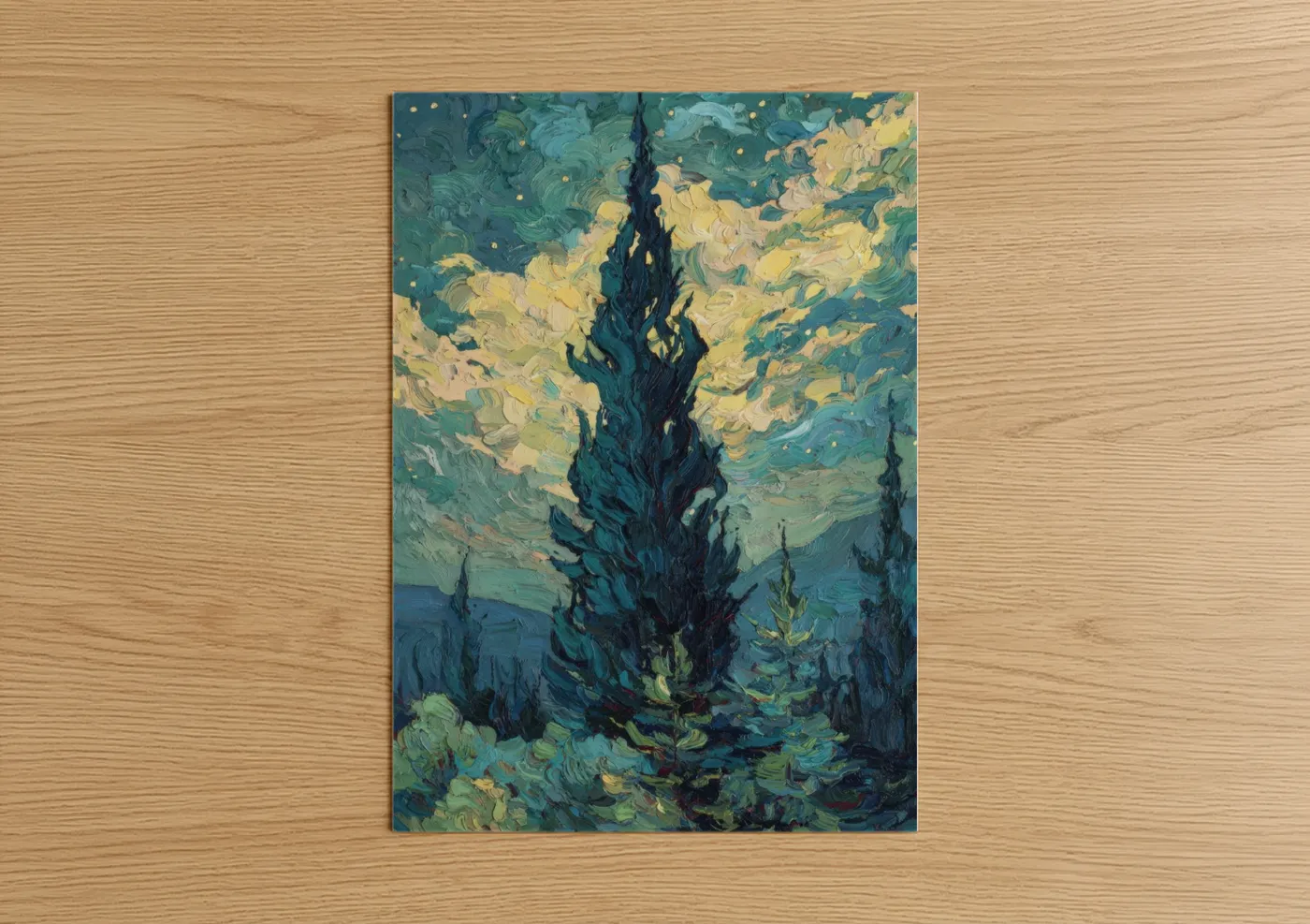 Starlit Cypress Tree Night Sky Wall Art