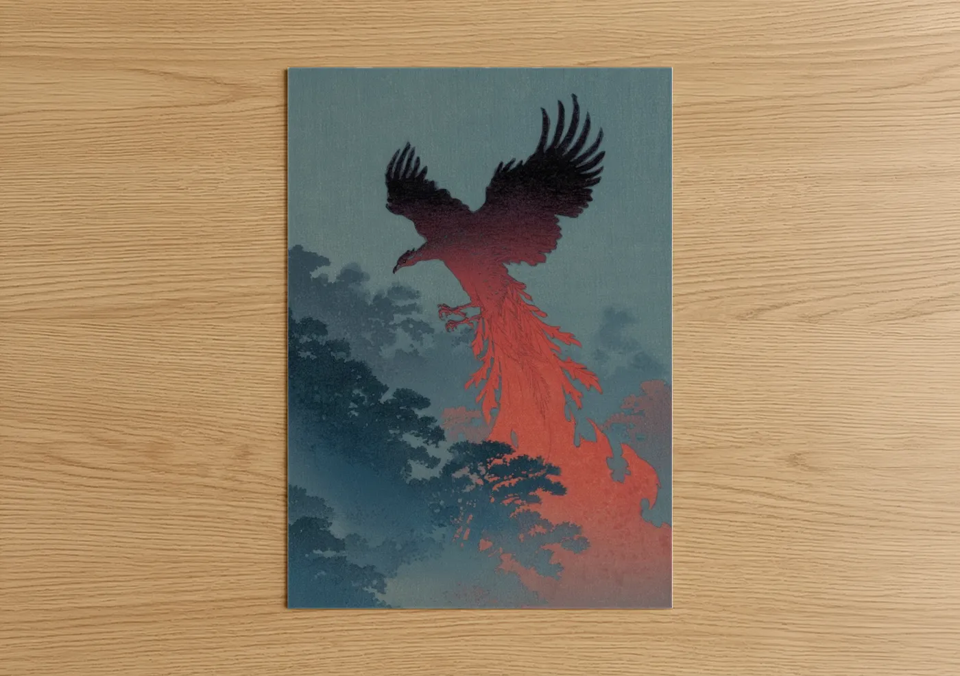 Art print on warm oak wood — teal and red palette — Crimson Phoenix Rising poster