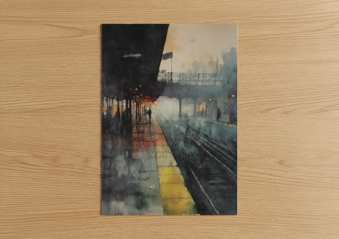 Rainy Subway Station Urban Watercolor Wall Art