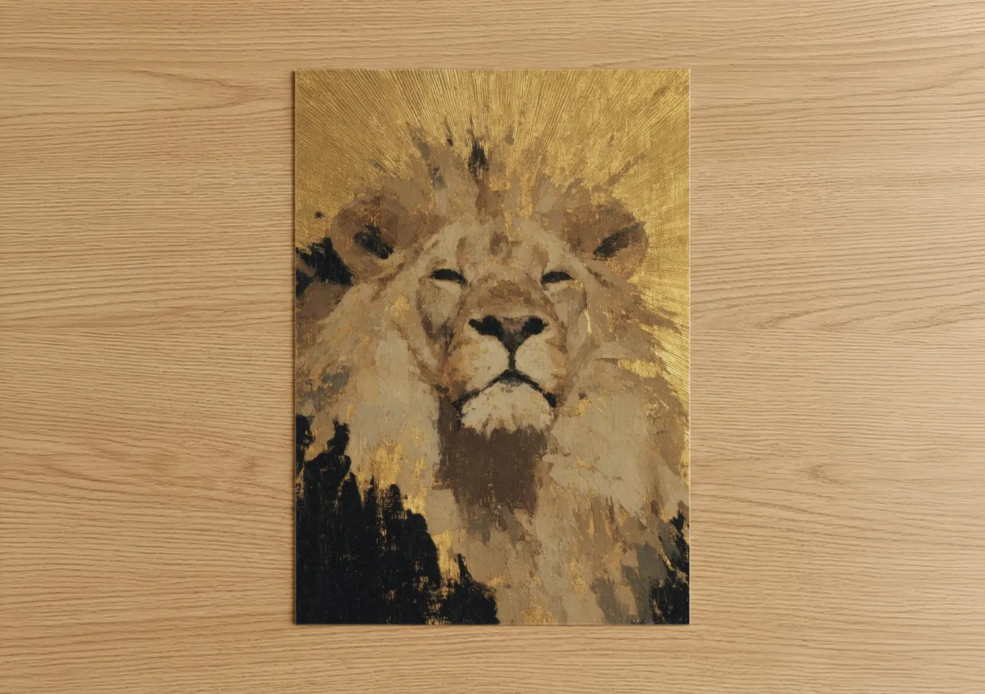 Art print on warm oak wood — gold and brown palette — Golden Leo poster