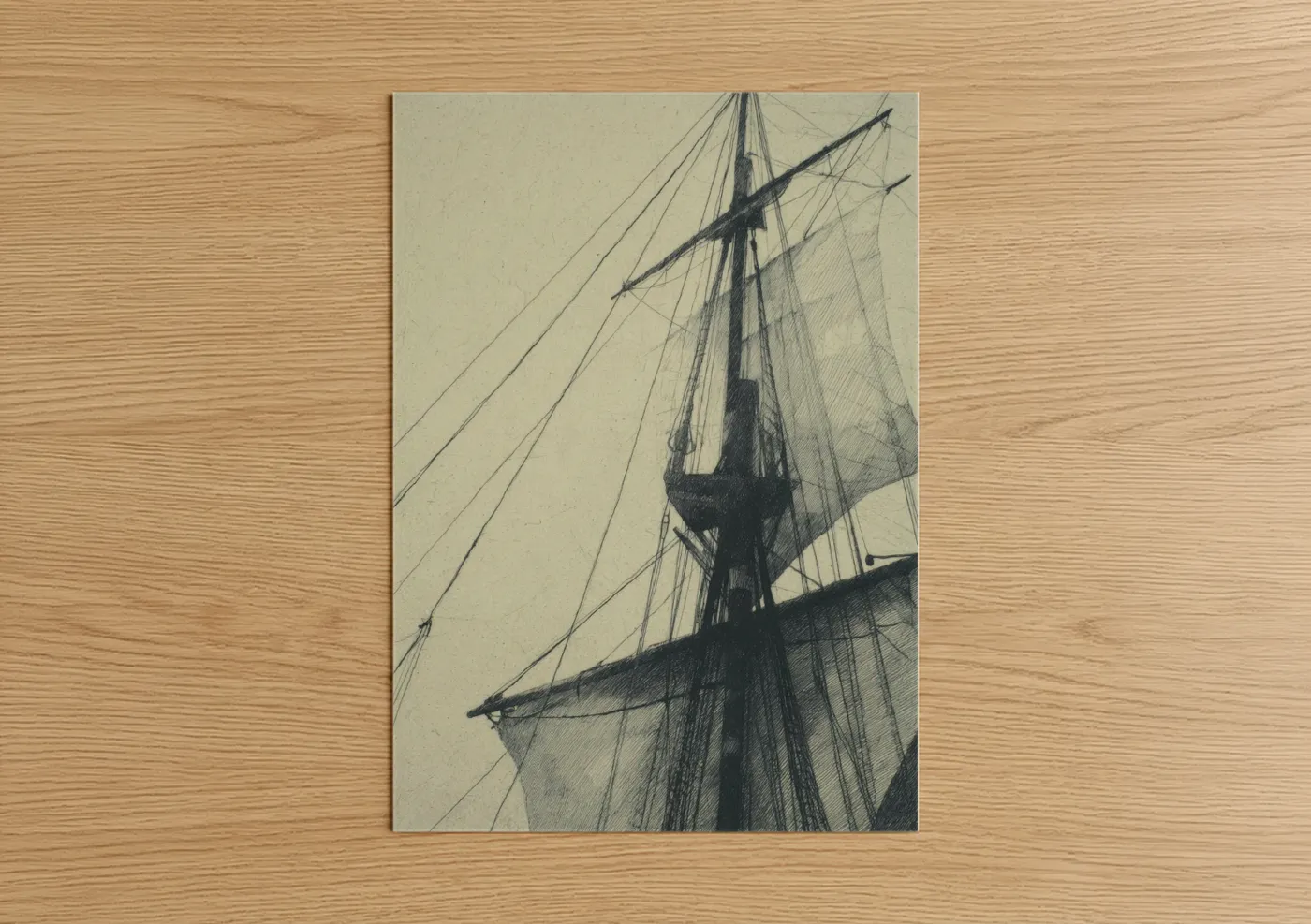 Art print on warm oak wood — cream and black and white palette — Classic Sailing Vessel poster
