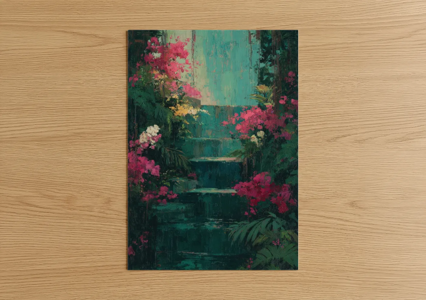 Floral Staircase Pink Blooms Teal Wall Art