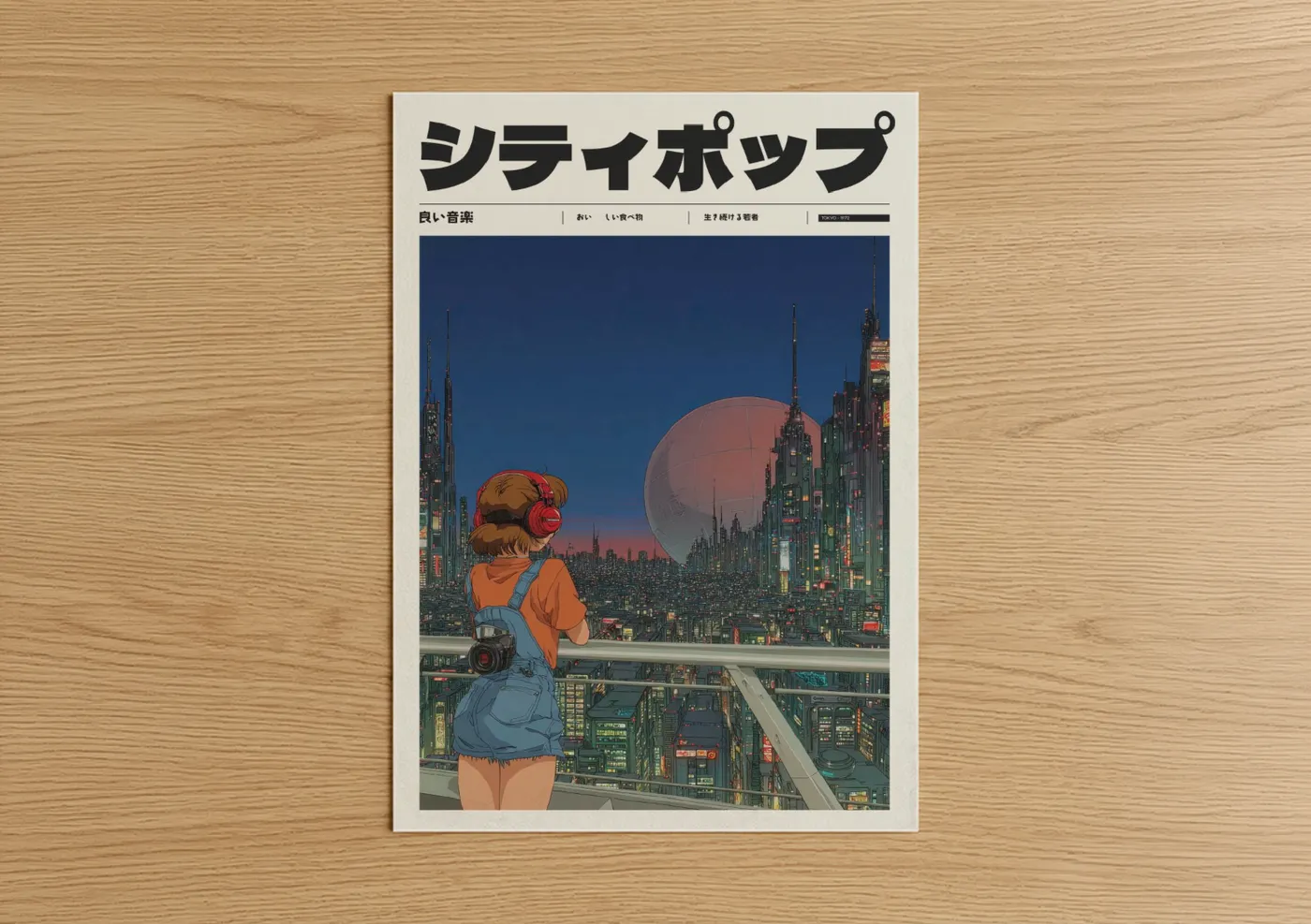 Anime and manga art print on warm oak wood — dark blue and peach palette — Cyberpunk City Girl poster