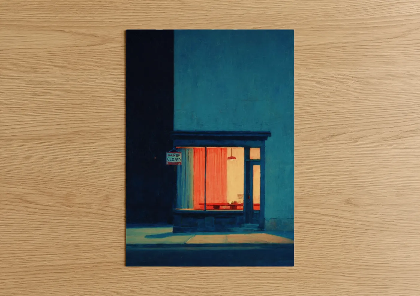 Window art print on warm oak wood — teal and dark blue palette — Closed Storefront poster