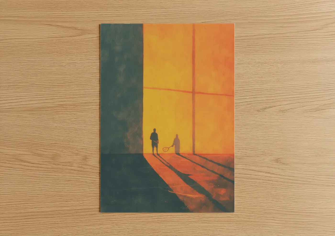 Racquetball art print on warm oak wood — gold and orange palette — Golden Court Match poster