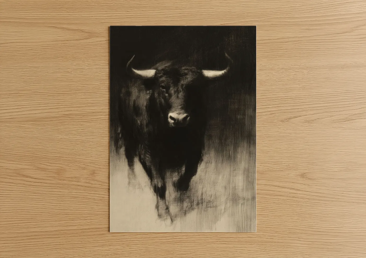 Art print on warm oak wood — black and white and cream palette — Majestic Bull Portrait poster