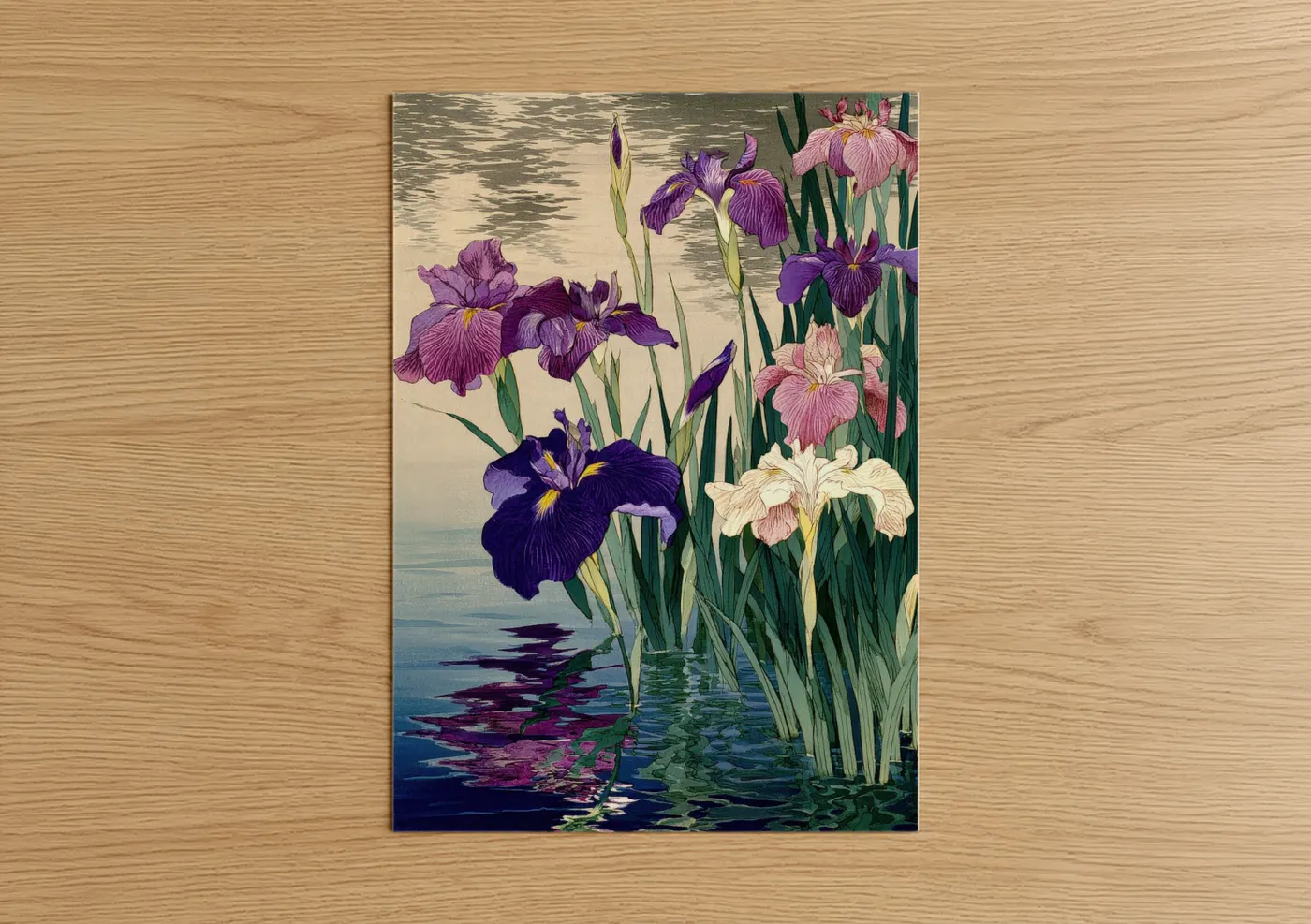 Art print on warm oak wood — purple and pink palette — Iris Garden Reflection poster