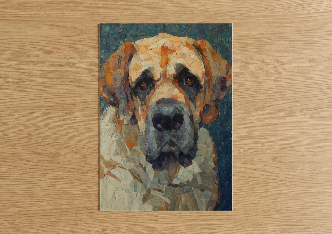 Art print on warm oak wood — gold and teal palette — Golden Mastiff Portrait poster