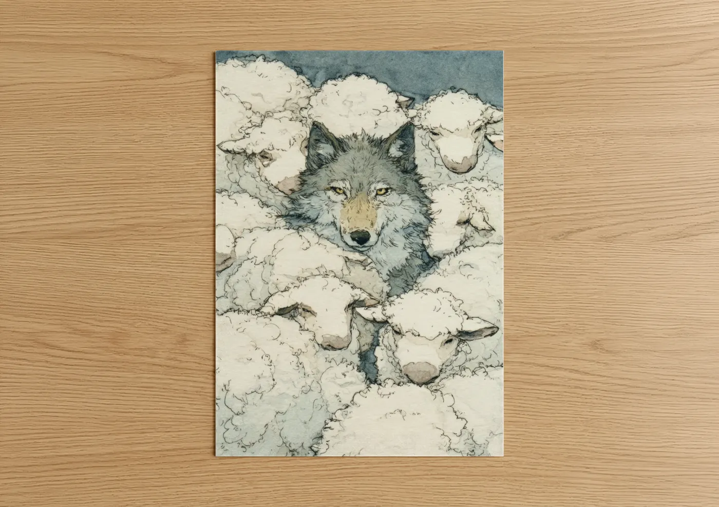 Art print on warm oak wood — gray and white and dove gray palette — Cloud Wolf poster