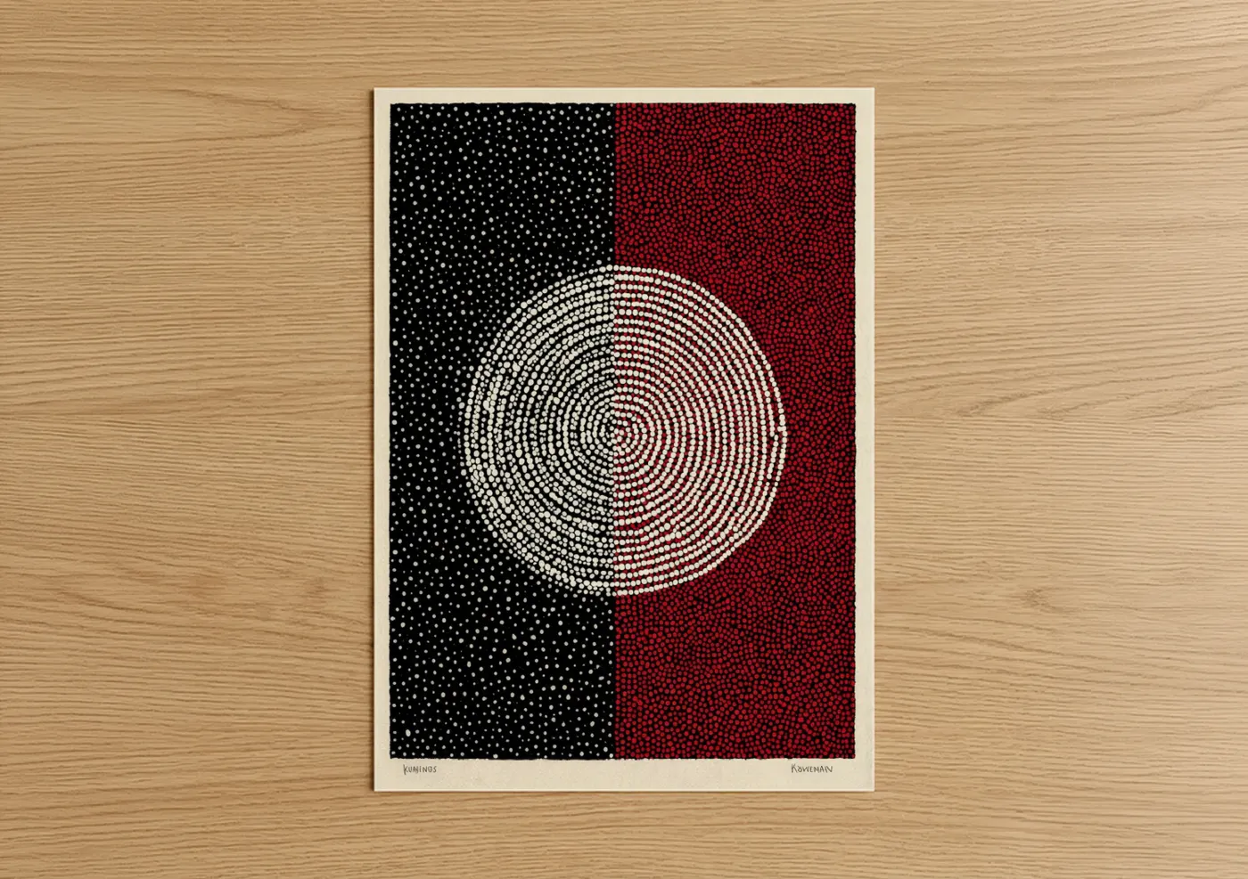 Abstract classic art print on warm oak wood — black and red and white palette — Concentric Contrast poster
