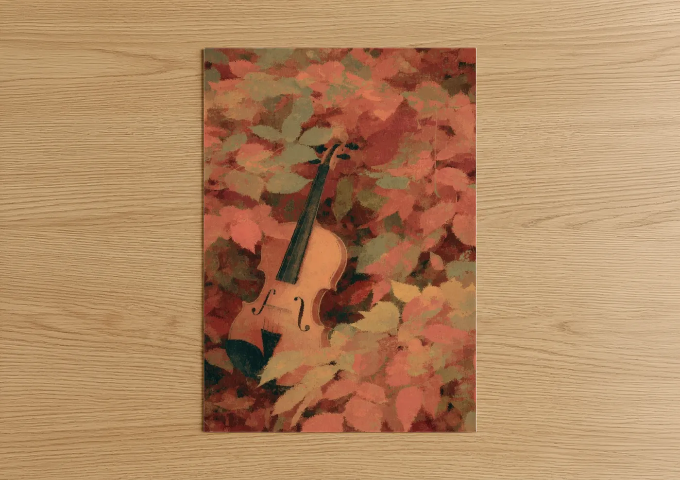Art print on warm oak wood — russet and peach palette — Autumn Violin poster