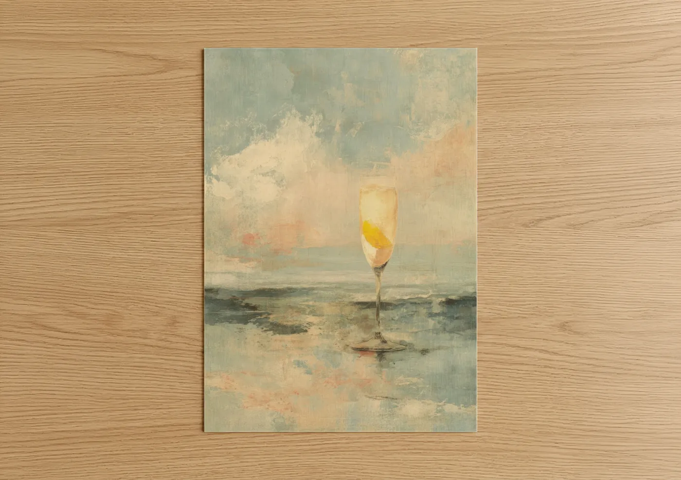 Art print on warm oak wood — cream and sage green palette — Citrus Cocktail poster