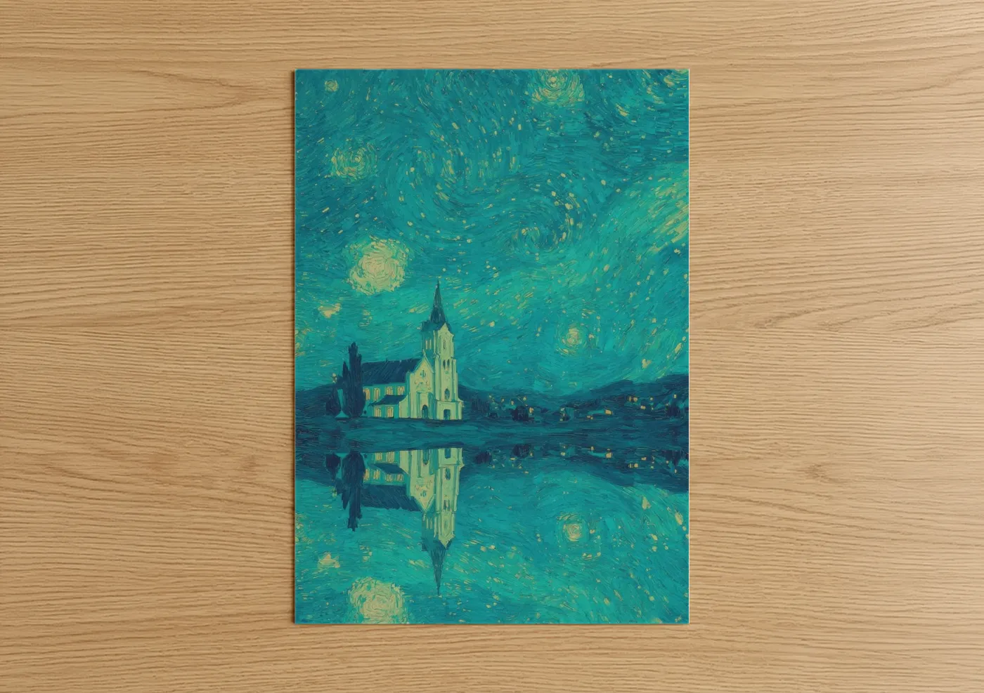 Starlit Chapel Reflection Night Sky Wall Art