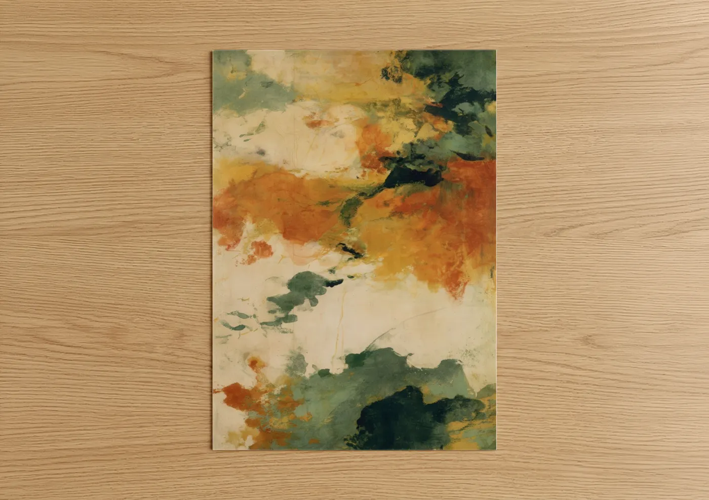 Art print on warm oak wood — gold and dark green palette — Autumn Iced Tea poster