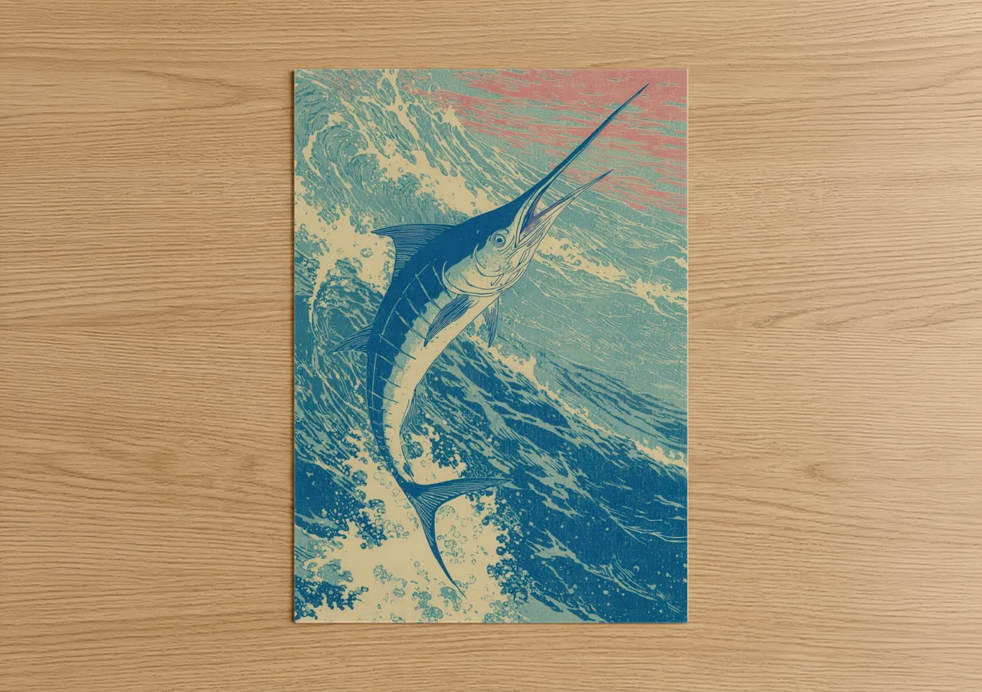 Blue marlin art print on warm oak wood — blue and white and teal palette — Ocean Marlin poster