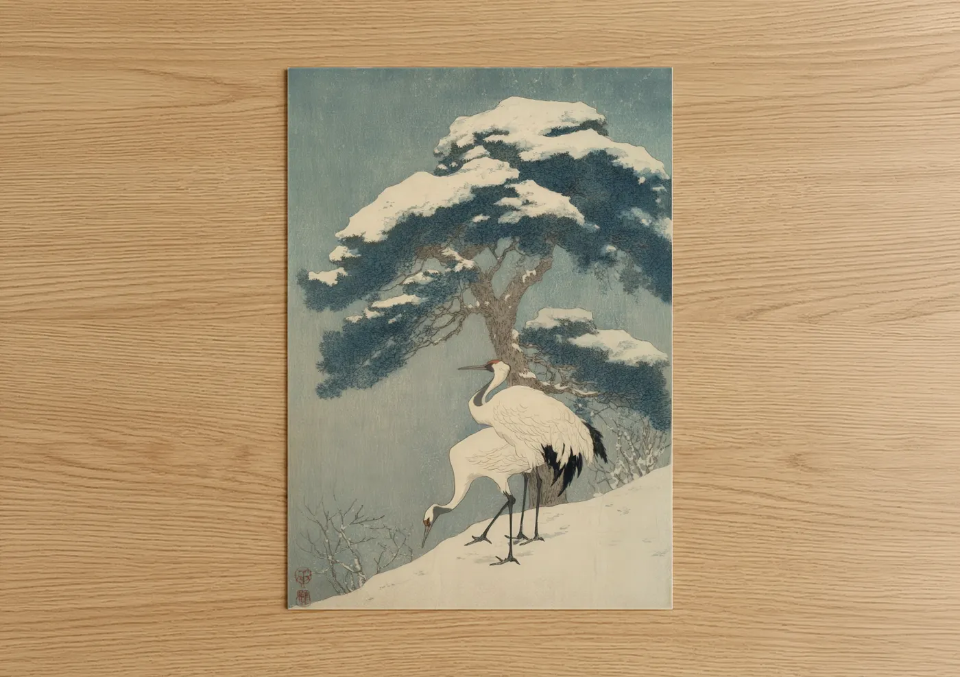 Cypress tree art print on warm oak wood — blue and white and gray palette — Snowy Cypress Crane poster