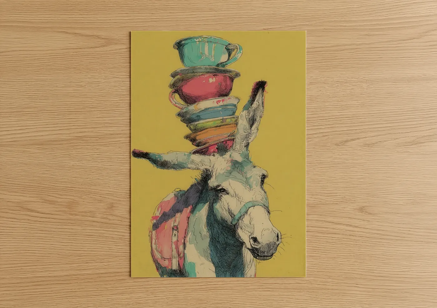 Whimsical Mule Stacked Teacups Illustration Wall Art