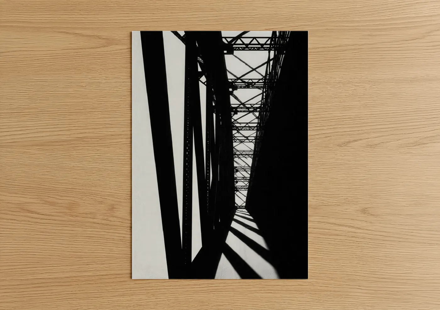Bridges art print on warm oak wood — black and white palette — Industrial Bridge Geometry poster