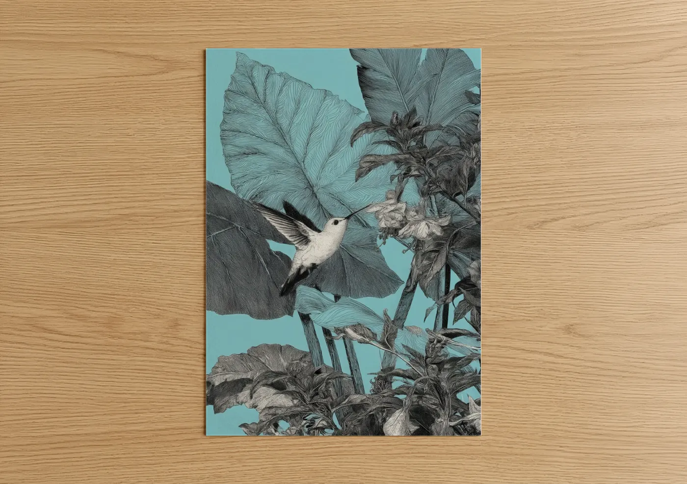 Turquoise Hummingbird Botanical Line Wall Art